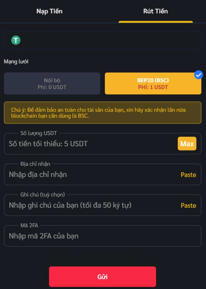 Rút tiền USDT BEP20 Moniq
